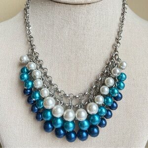 Silvertone chainmaille faux pearl necklace tri-color layers navy teal and white